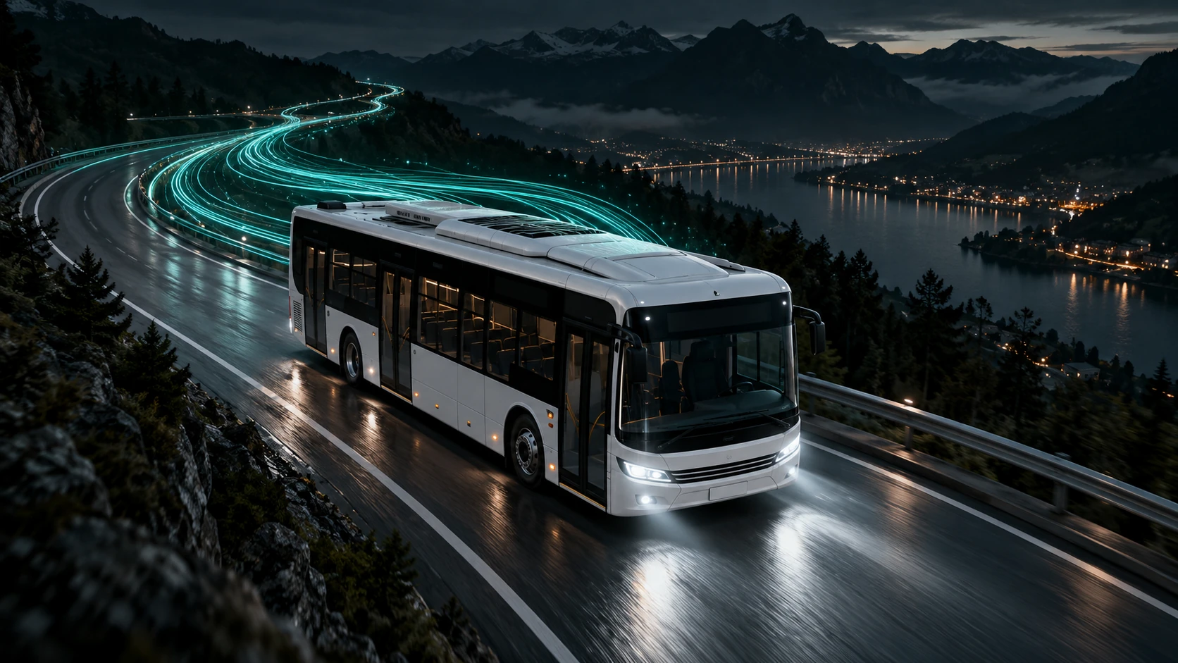 Ilustración de un bus conectado por senderos de datos turquesa para el Copiloto IA de INTELLITECH.
