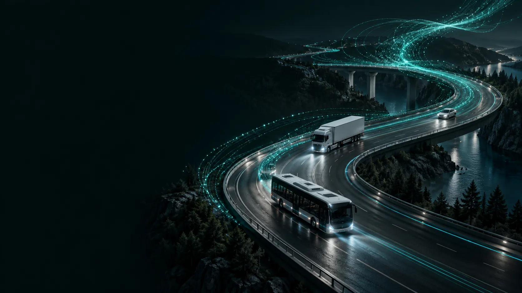 Un bus, un camión y un automóvil conectados por flujos de luz turquesa en una carretera escultórica