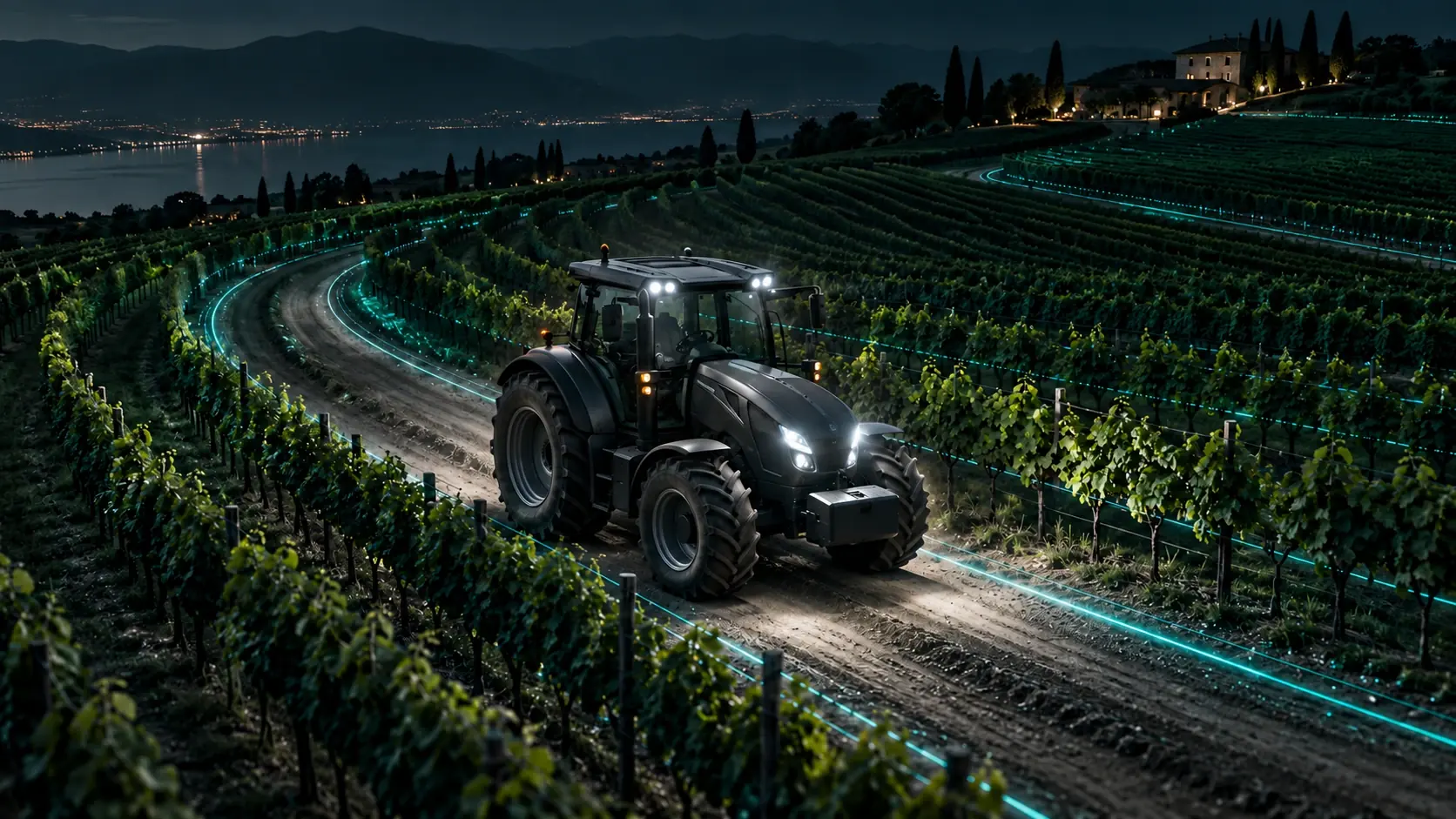 Tractor among cultivated rows connected by teal data trails.