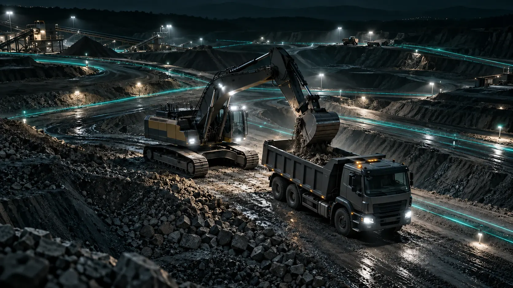 Excavator and tipper truck at a construction site with teal data trails.