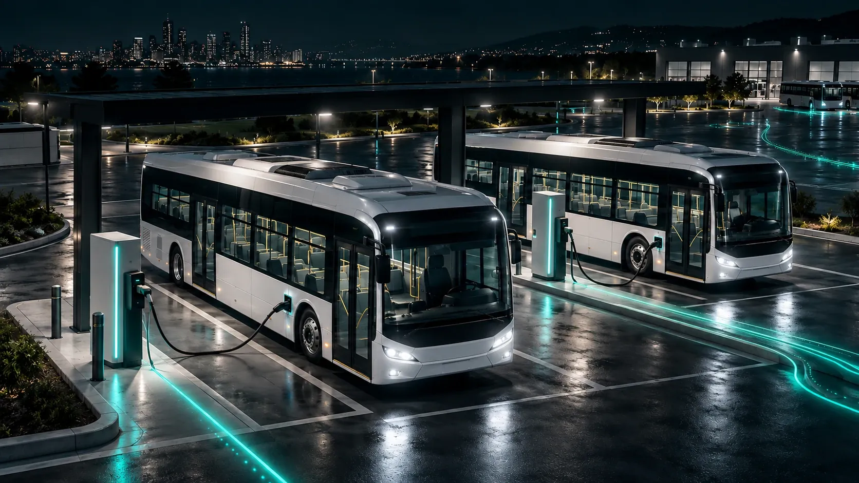 Electric buses connected to chargers at a depot with teal energy trails.