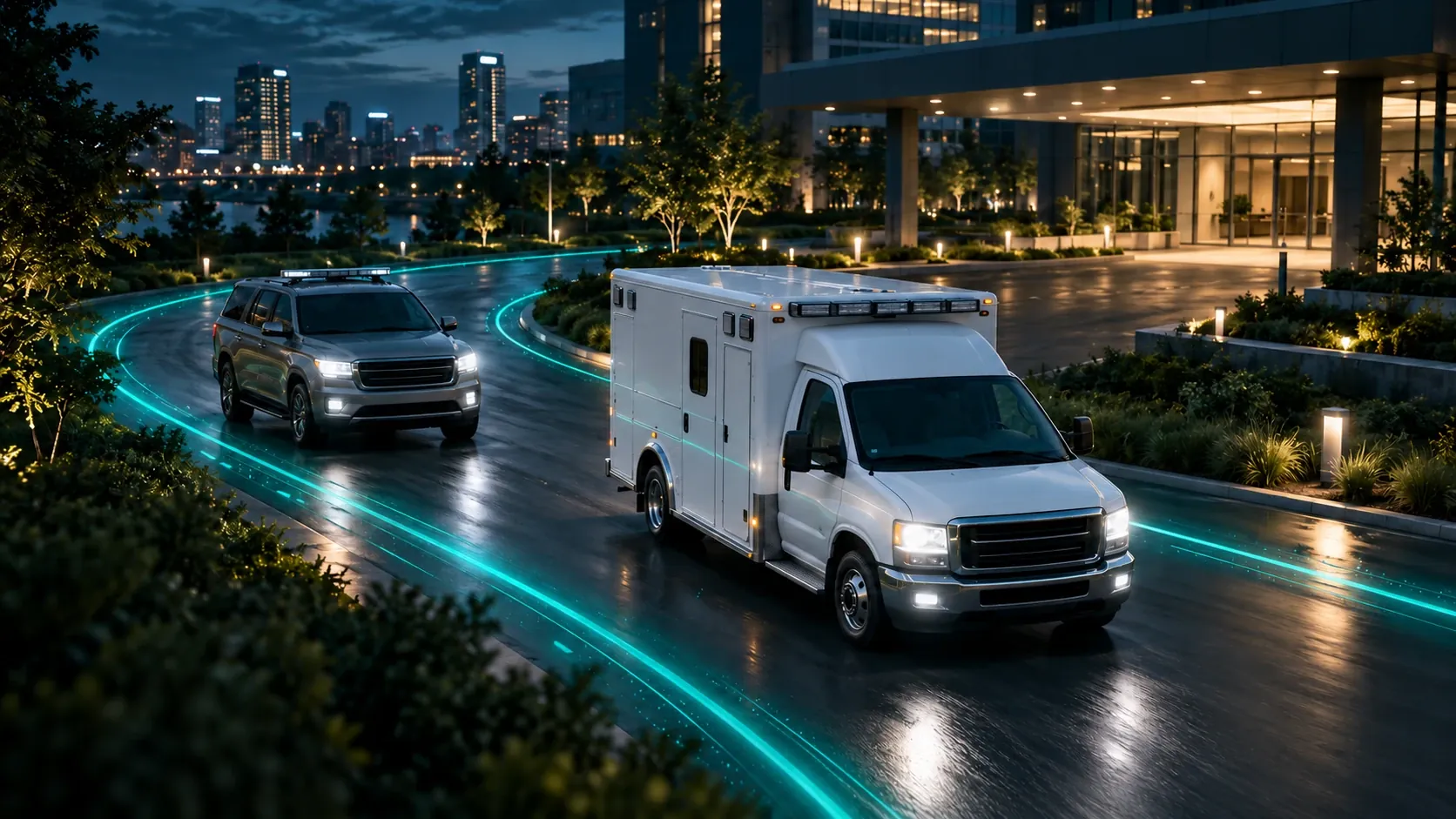 Ambulance and rescue vehicle on an urban road with teal light trails.