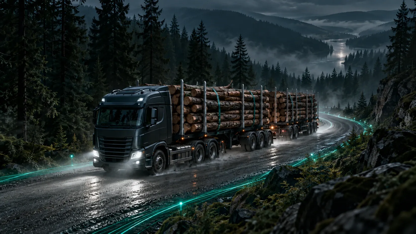 Truck carrying secured timber on a forest road with teal light trails.