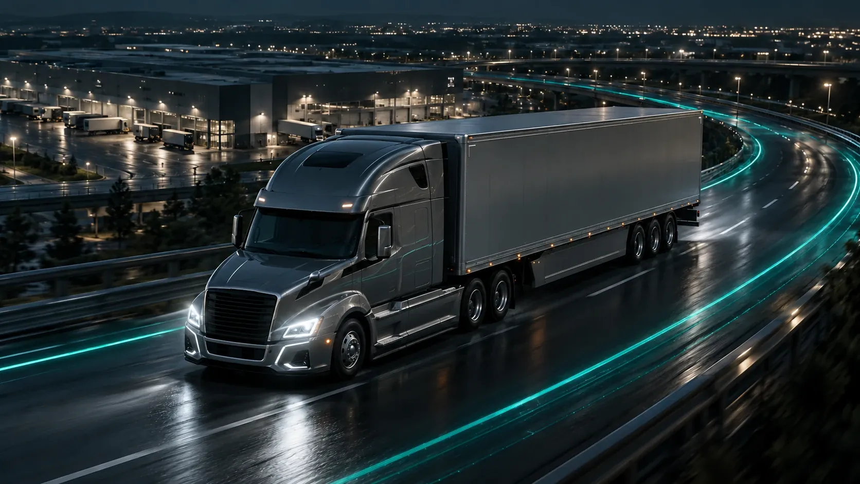Articulated freight truck on a logistics route with teal data trails.