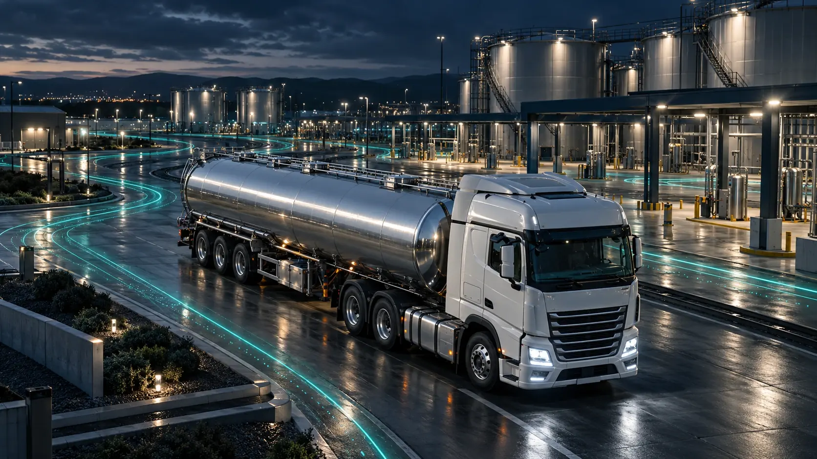 Fuel tanker at an energy distribution depot with teal light trails.