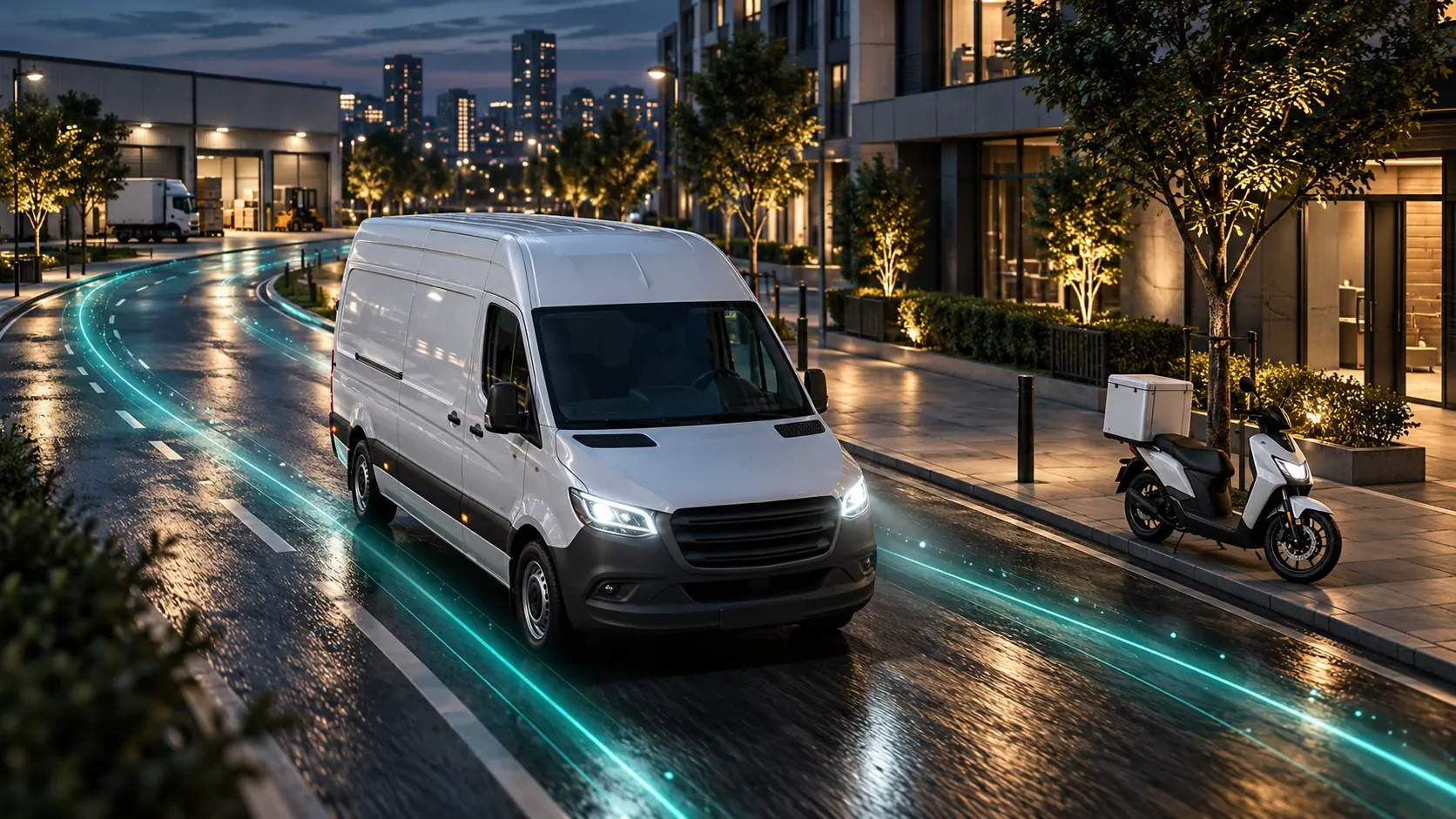 Delivery van and motorcycle on an urban street with teal data trails.