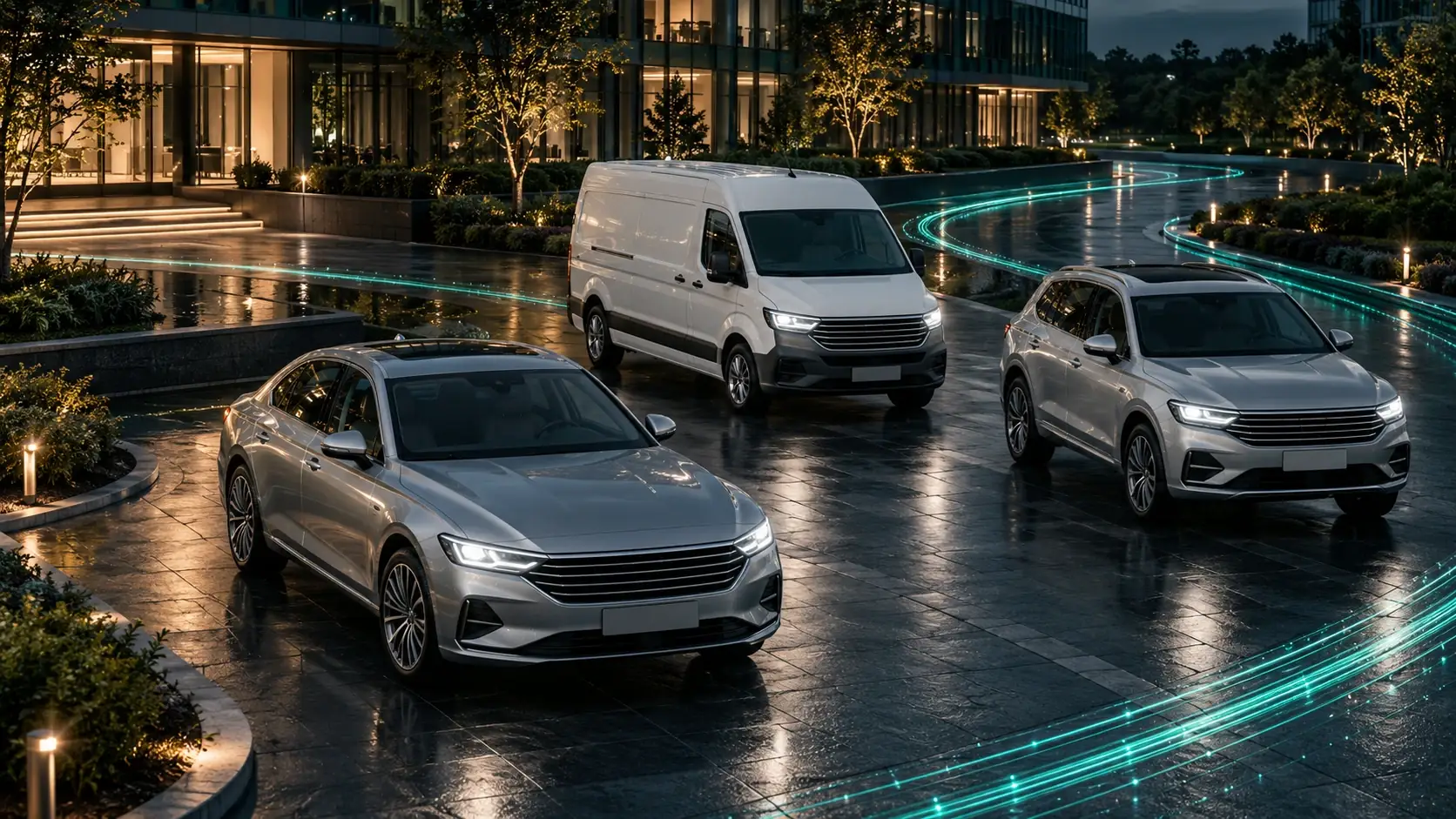 Corporate fleet vehicles connected by teal light trails.