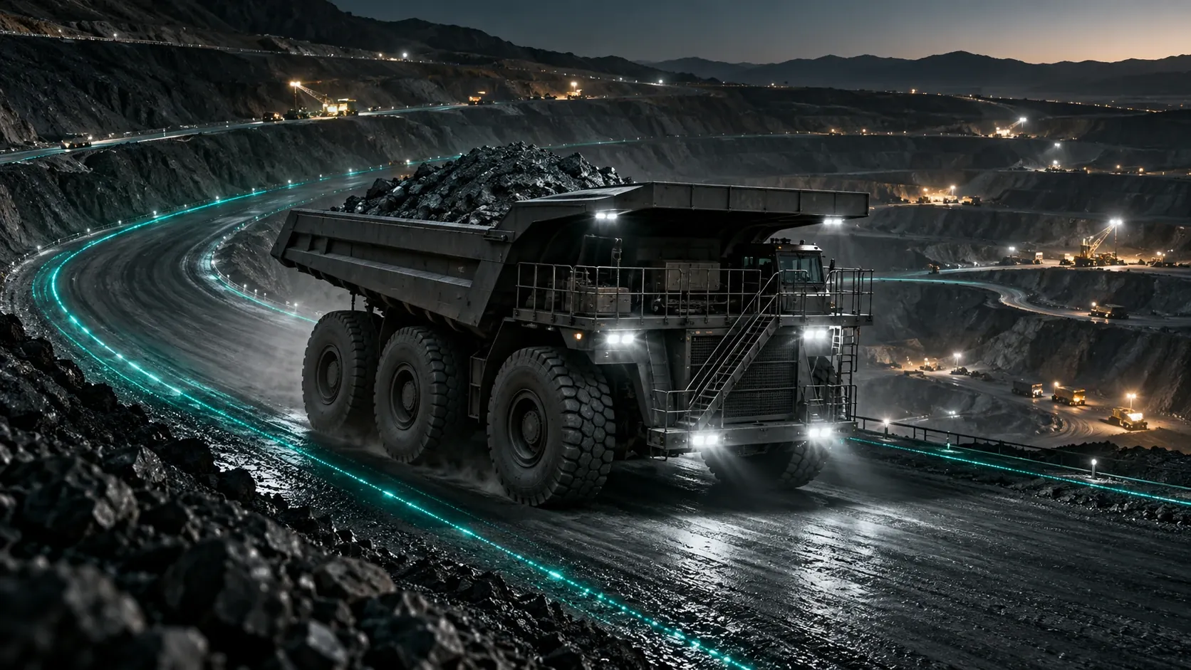 Mining haul truck in an open-pit copper mine with teal data trails.