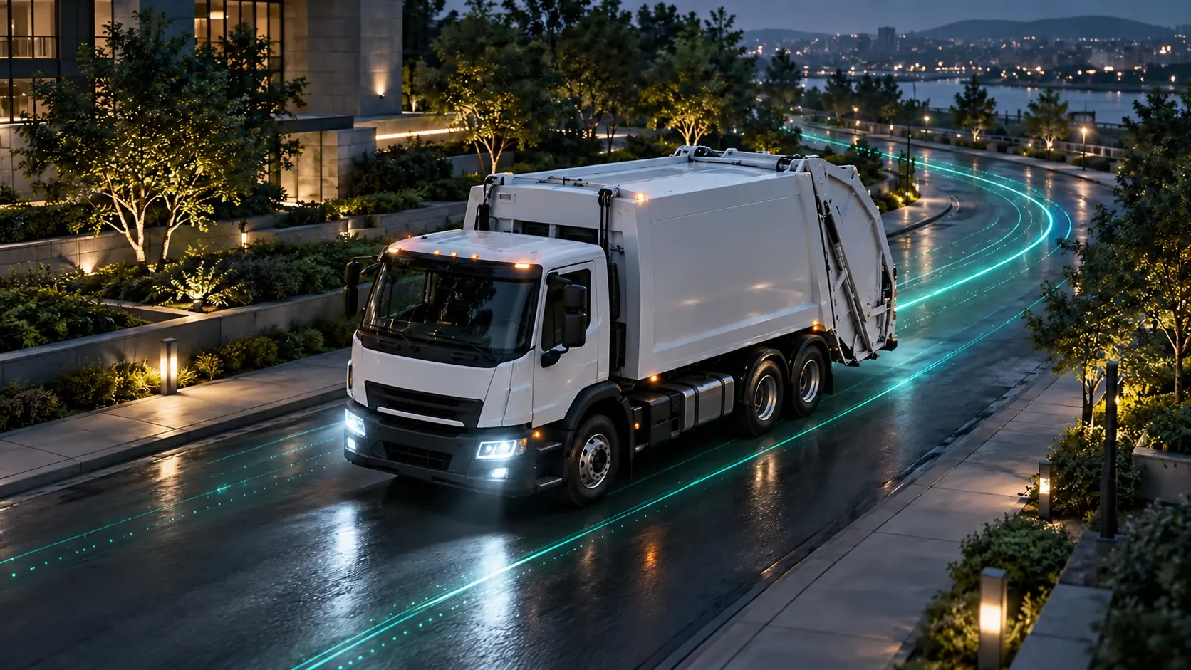 Waste collection truck on a municipal service route with teal data trails.