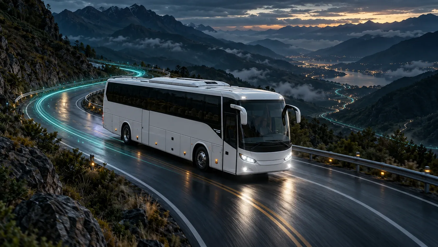 Intercity coach on an Andean highway with teal data trails.