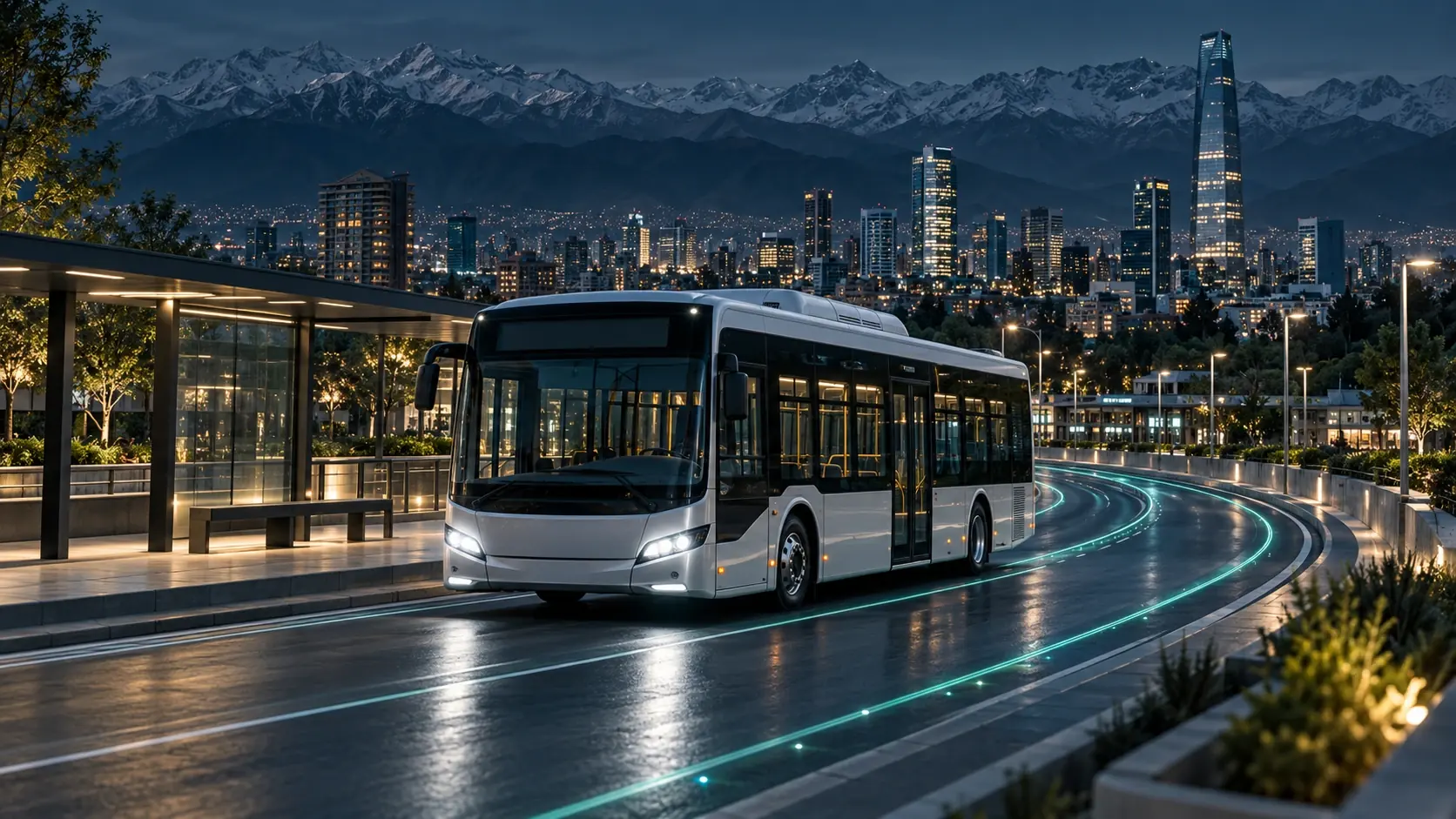 City bus on a dedicated urban corridor, with the Andes behind and teal light trails.