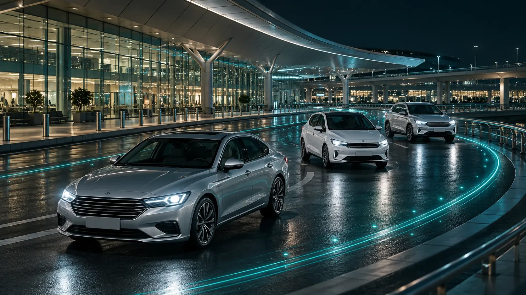 Rental cars at an airport pickup area with teal data trails.