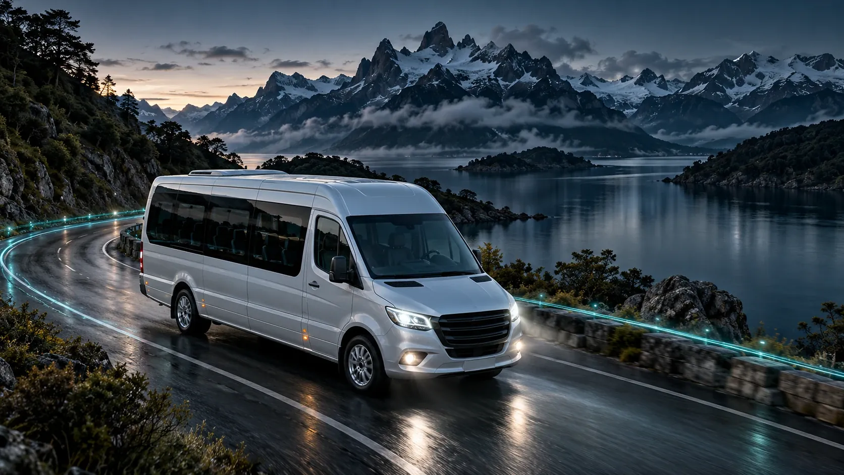 Touring minibus beside a Patagonian lake with teal light trails.