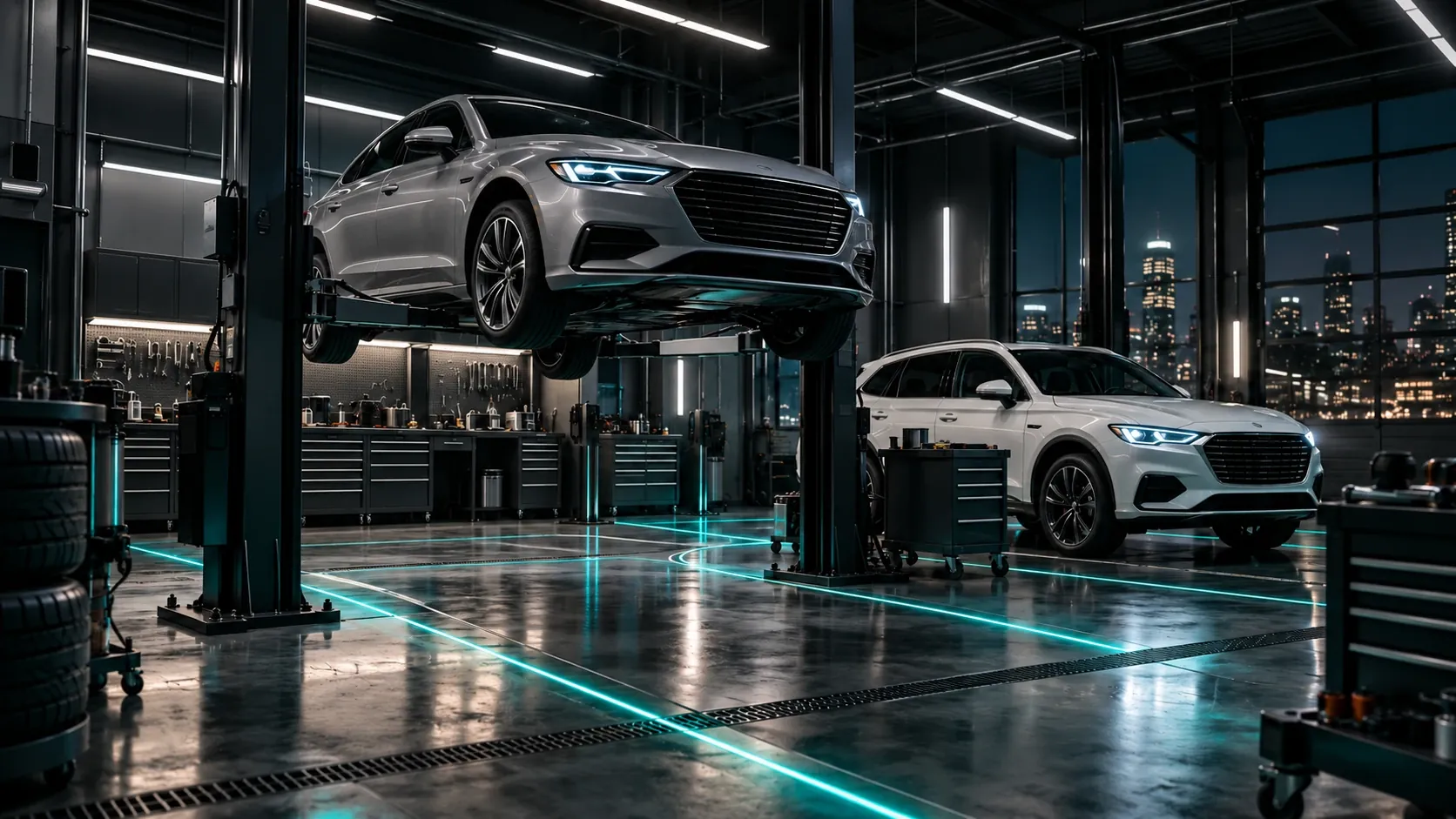 Vehicles in a modern service workshop with teal diagnostic trails.